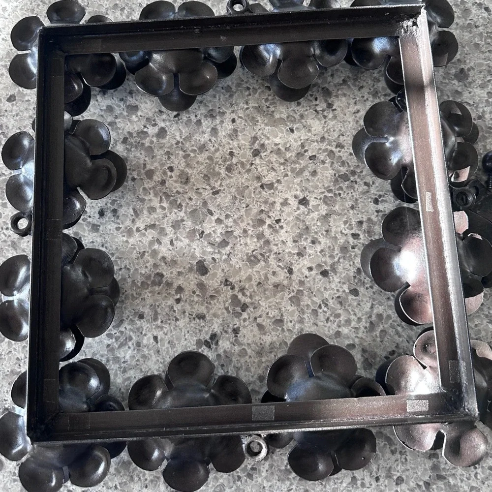 Vintage Brutalist Black Metal Floral Square Mirror Vanity Tray 11.5